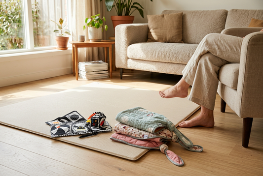 AI-generated floor-play setup with Rollkie rolling blankets and high-contrast fabric toys beside a floor mat