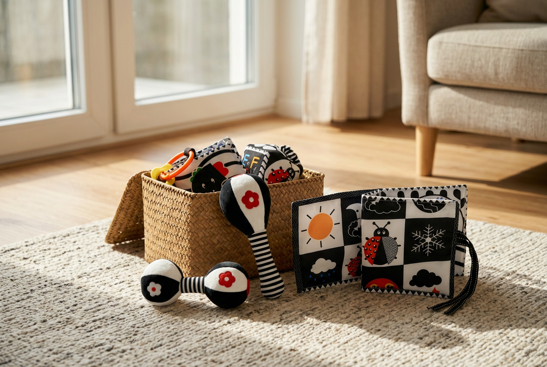 AI-generated high-contrast fabric rattles and sensory book beside a small toy-storage basket
